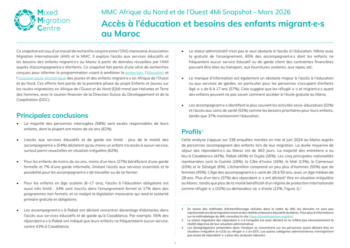 MMC Afrique du Nord et de l’Ouest 4Mi Snapshot - Accès à l’éducation et besoins des enfants migrant·e·s au Maroc, Mars 2026
