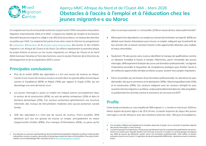 Aperçu MMC Afrique du Nord et de l’Ouest 4Mi - Obstacles à l’accès à l’emploi et à l’éducation chez les jeunes migrant·e·s au Maroc, Mars 2026