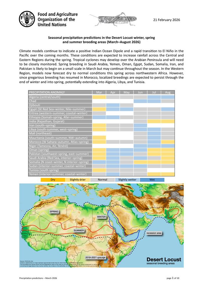 Locust Watch: Seasonal precipitation predictions in the Desert Locust winter, spring and summer breeding areas (March-August 2026) (21 February 2026)
