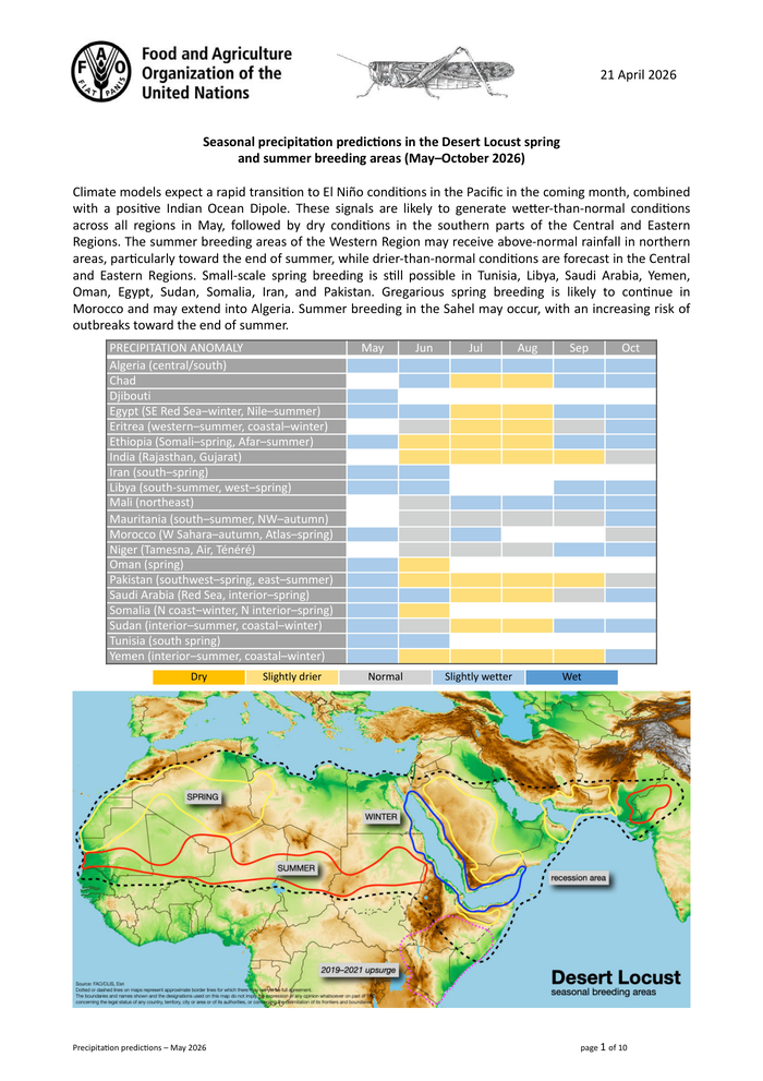 Locust Watch: Sub/seasonal precipitation predictions in the Desert Locust spring and summer breeding areas (May - October 2026) (21 Apr 2026)
